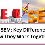 Illustration comparing SEO vs SEM with red SEO letters on gears and bold orange SEM letters, highlighting key differences and synergy in digital marketing