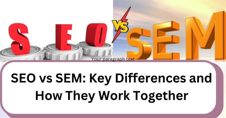 Illustration comparing SEO vs SEM with red SEO letters on gears and bold orange SEM letters, highlighting key differences and synergy in digital marketing