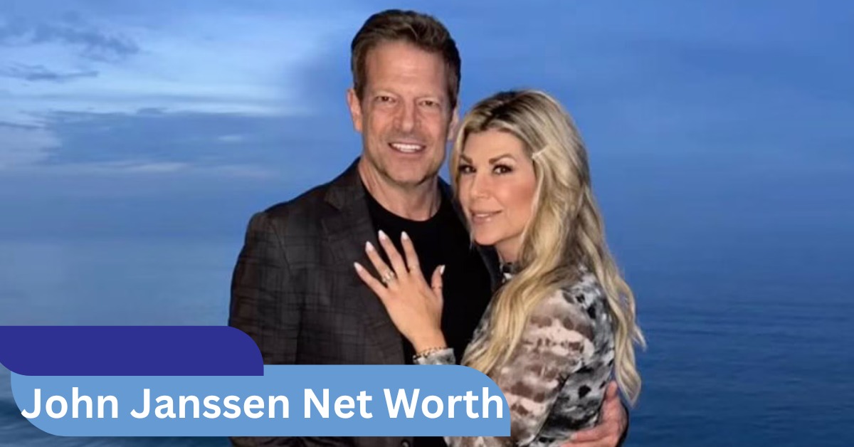 John Janssen standing with a woman in front of a serene ocean backdrop, with “John Janssen Net Worth” text overlayed on the image.