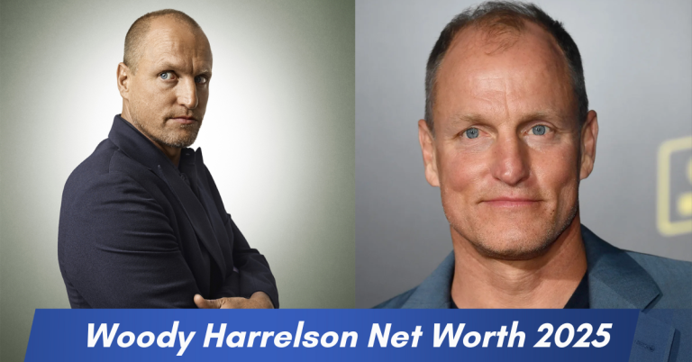 Side-by-side collage of Woody Harrelson in formal attire, featuring a confident pose and a close-up smile, with a banner reading "Woody Harrelson Net Worth 2025."