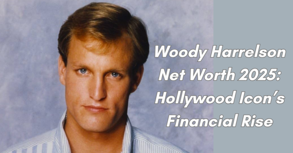 Portrait of Woody Harrelson in a light blue striped shirt with a serious expression, accompanied by text highlighting his net worth in 2025.