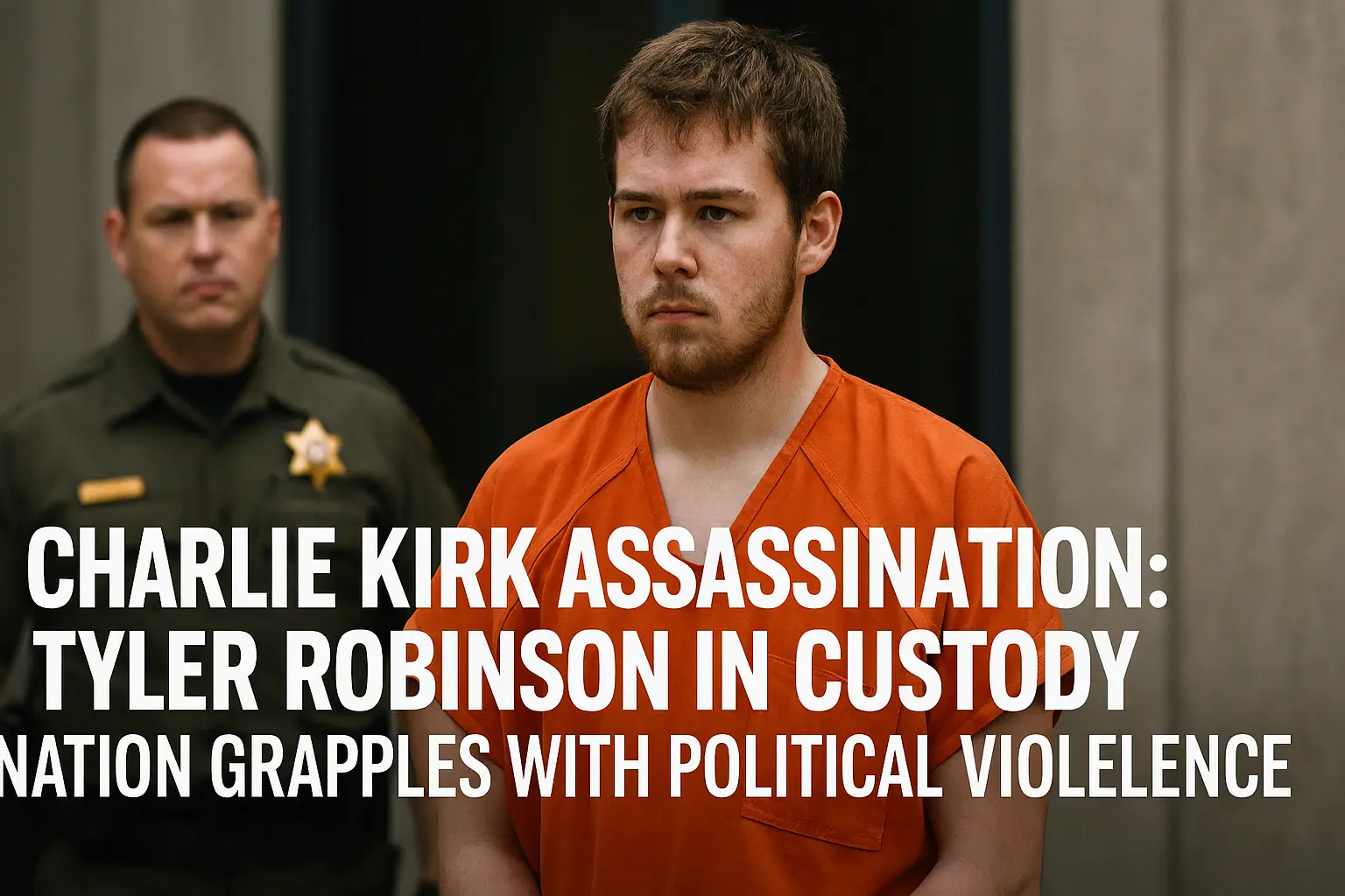 Tyler Robinson, a young man in an orange prison jumpsuit, stands in custody with a serious expression, flanked by a uniformed sheriff. Bold white text overlays the image, announcing his arrest in connection with the assassination of Charlie Kirk, highlighting national concerns over political violence.