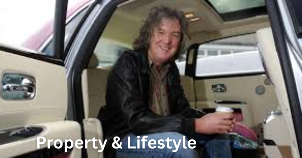 James May sitting in a luxurious cream-colored car, wearing a black leather jacket and holding a coffee cup, with "Property & Lifestyle" text overlay.
