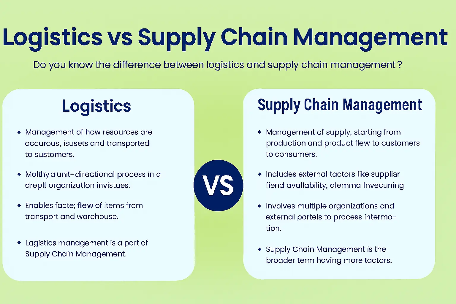 A side-by-side infographic comparing Logistics vs Supply Chain management, highlighting key differences in process scope, organizational involvement, and strategic focus.