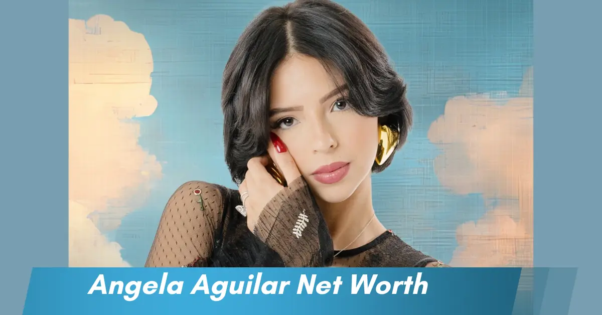 Angela Aguilar poses in a glamorous black outfit with gold hoop earrings against a stylized sky backdrop, illustrating her rising fame and the topic of "Angela Aguilar net worth."