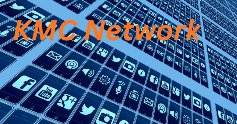 Digital illustration of smartphone screens displaying social media icons with "KMC Network" in bold orange text, symbolizing a connected digital communication platform.