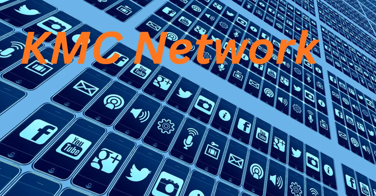 Digital illustration of smartphone screens displaying social media icons with "KMC Network" in bold orange text, symbolizing a connected digital communication platform.